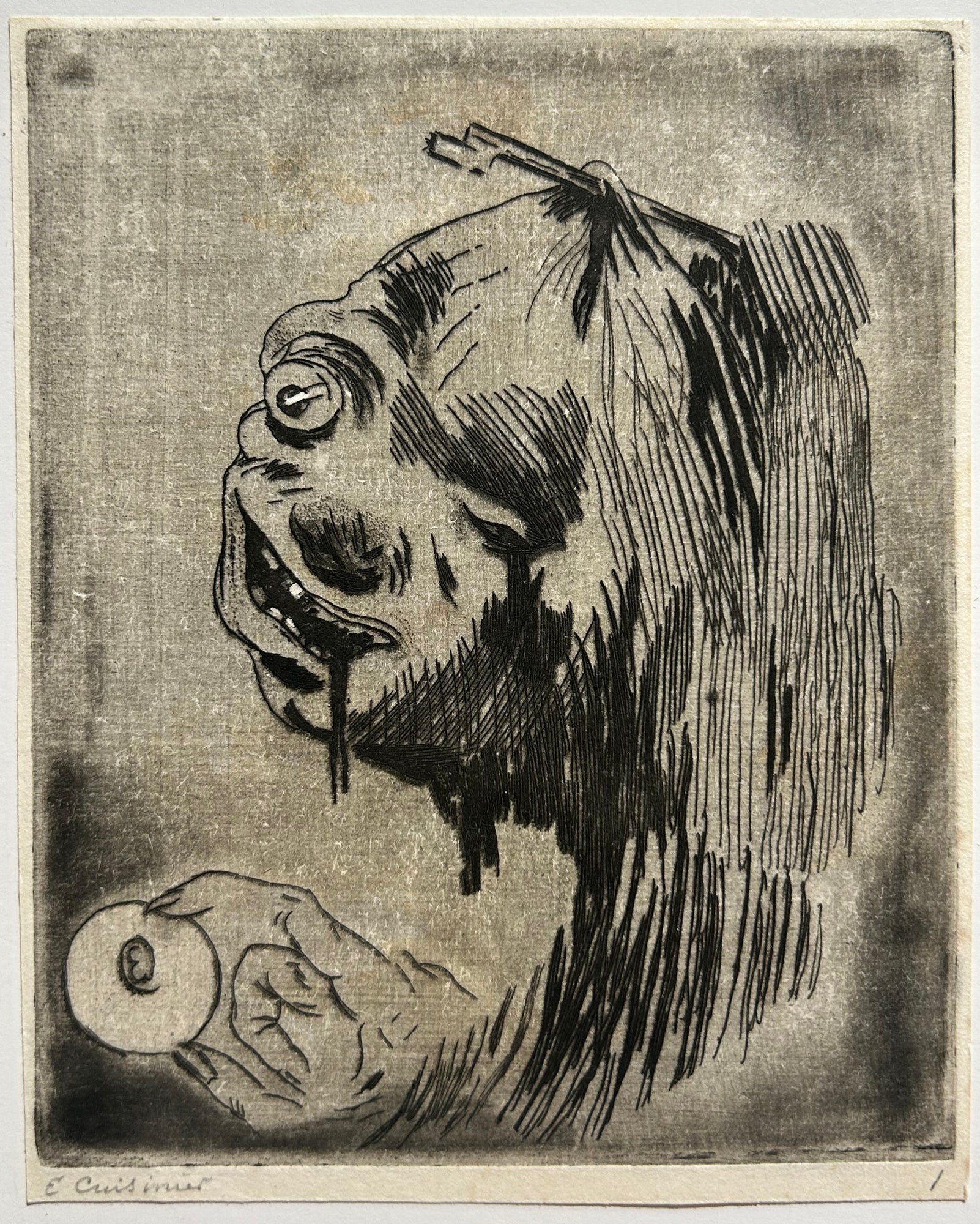 Jules Edmond CUISINIER - [Tête fantastique borgne]. Gravure originale. 