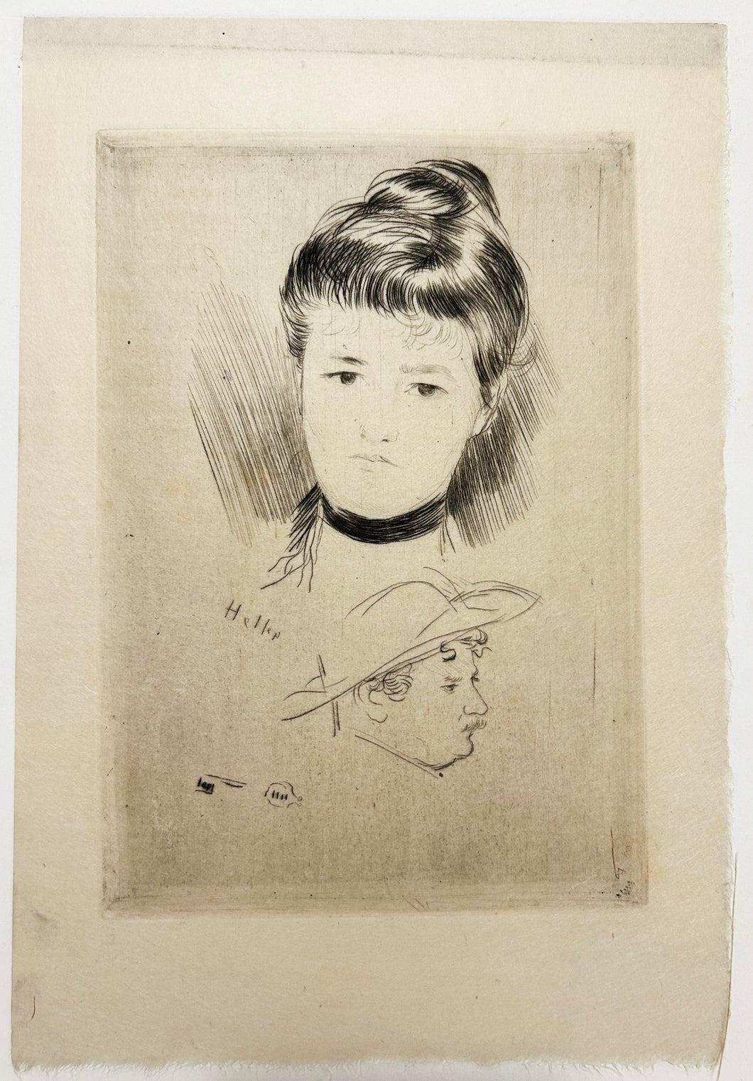 [Etude de portrait de jeune femme, de face et d'un homme au chapeau, de profil droit].