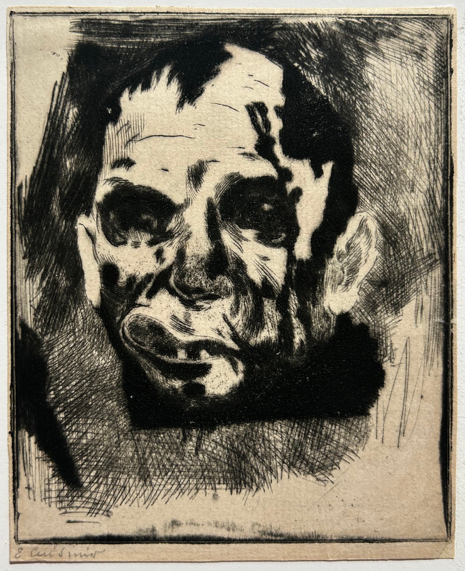 Jules Edmond CUISINIER - [Tête d'homme déformée]. Gravure originale. 