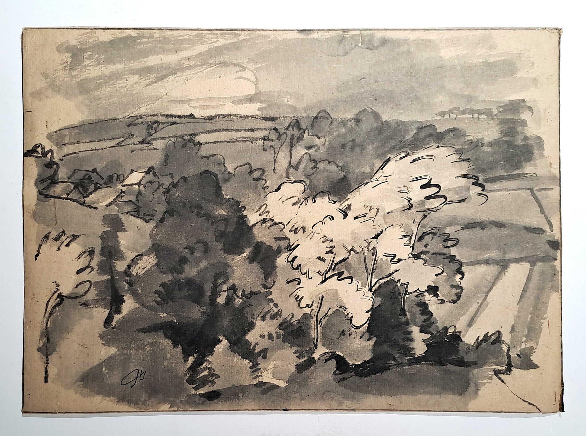 Jules CHADEL [Paysage avec forêt, village et collines]. Dessin original. 
