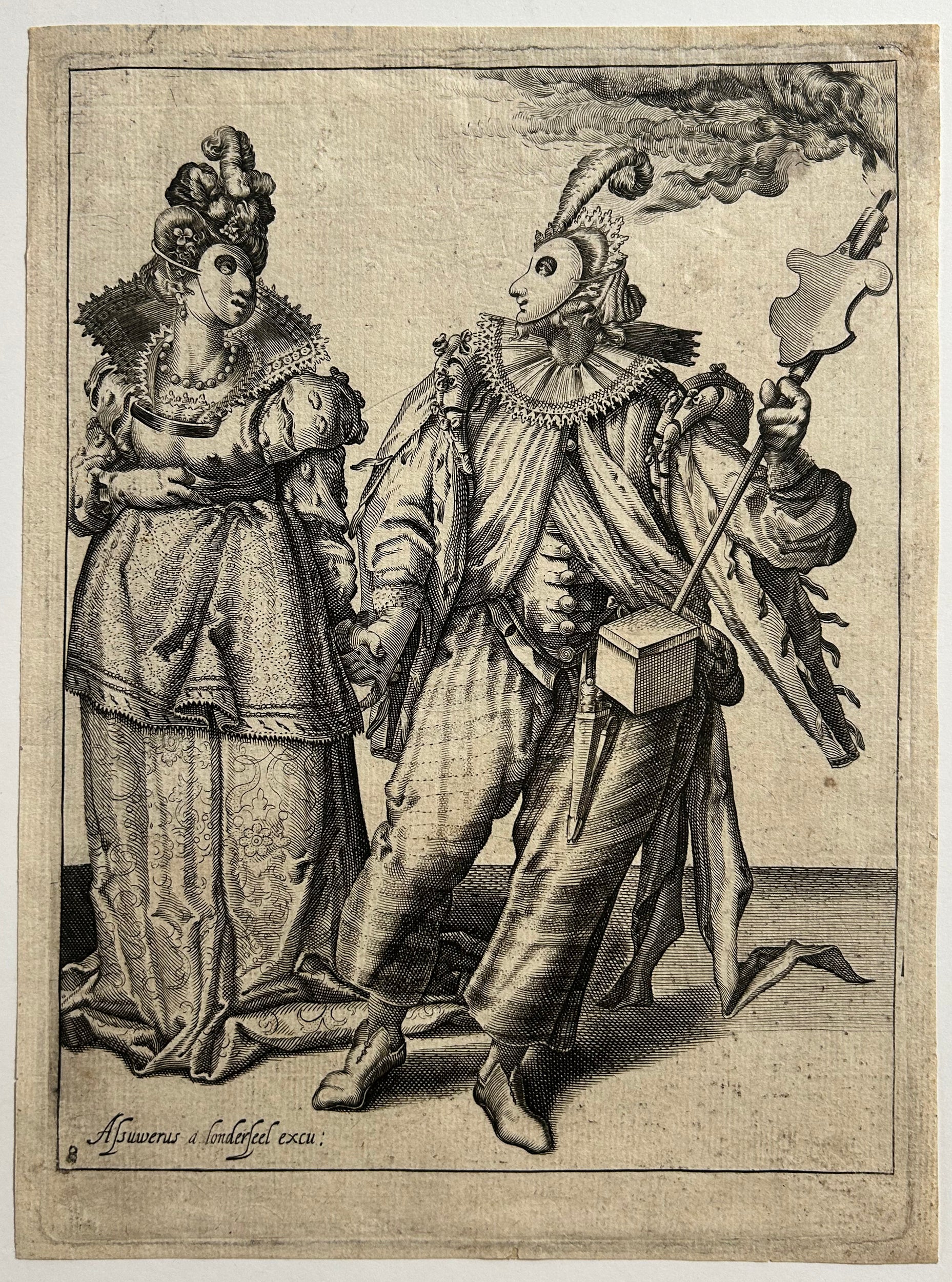 Assuerus van LONDERSEEL - Couple masqué. Femme guidée par un homme portant une torche. Gravure à l'eau-forte et au burin par un anonyme, d'après Jacob de Gheyn II.
