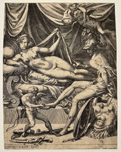 Charger l'image dans la galerie, Etienne DELAUNE - Mars et Vénus. Vénus couchée entr'ouvre son lit pour y recevoir son amant que l'Amour déshabille. Burin original. 
