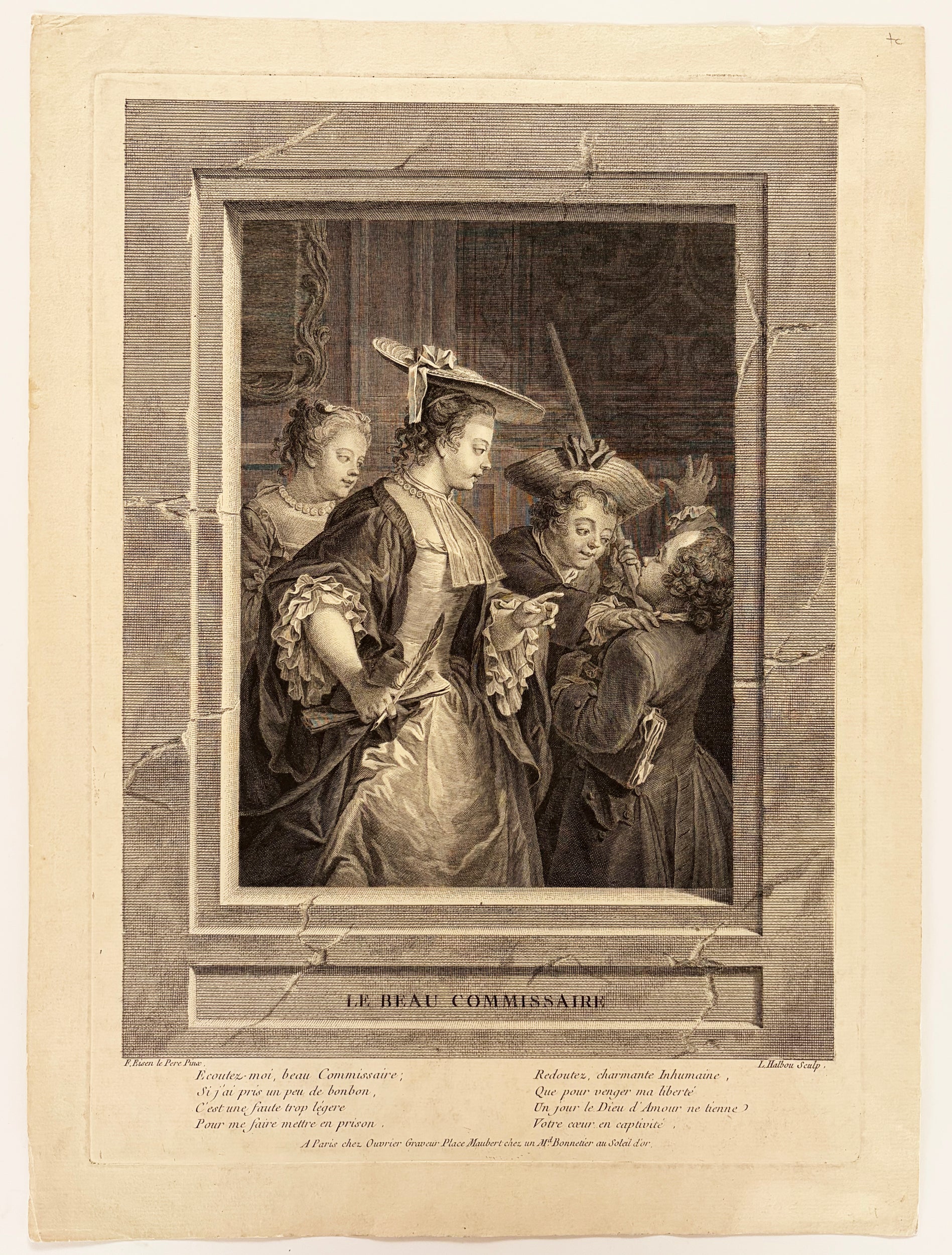 Louis Michel HALBOU - Le beau commissaire.  c.1784. Gravure à l'eau-forte et au burin d'après le tableau peint par François Eisen (Bruxelles c.1695 † 1778). 