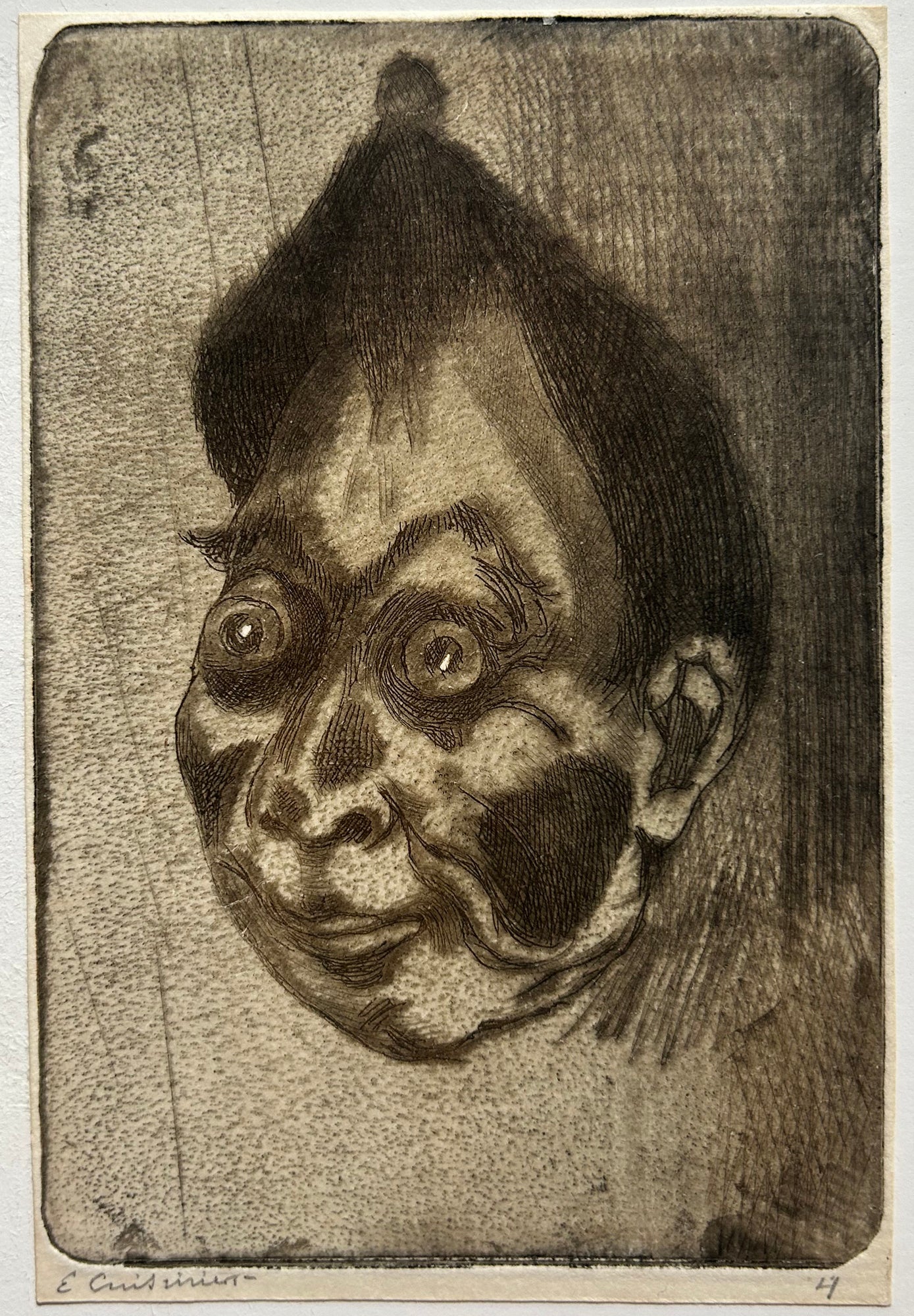 Jules Edmond CUISINIER - [Tête aux yeux écarquillés et crâne pointu]. Gravure originale. 