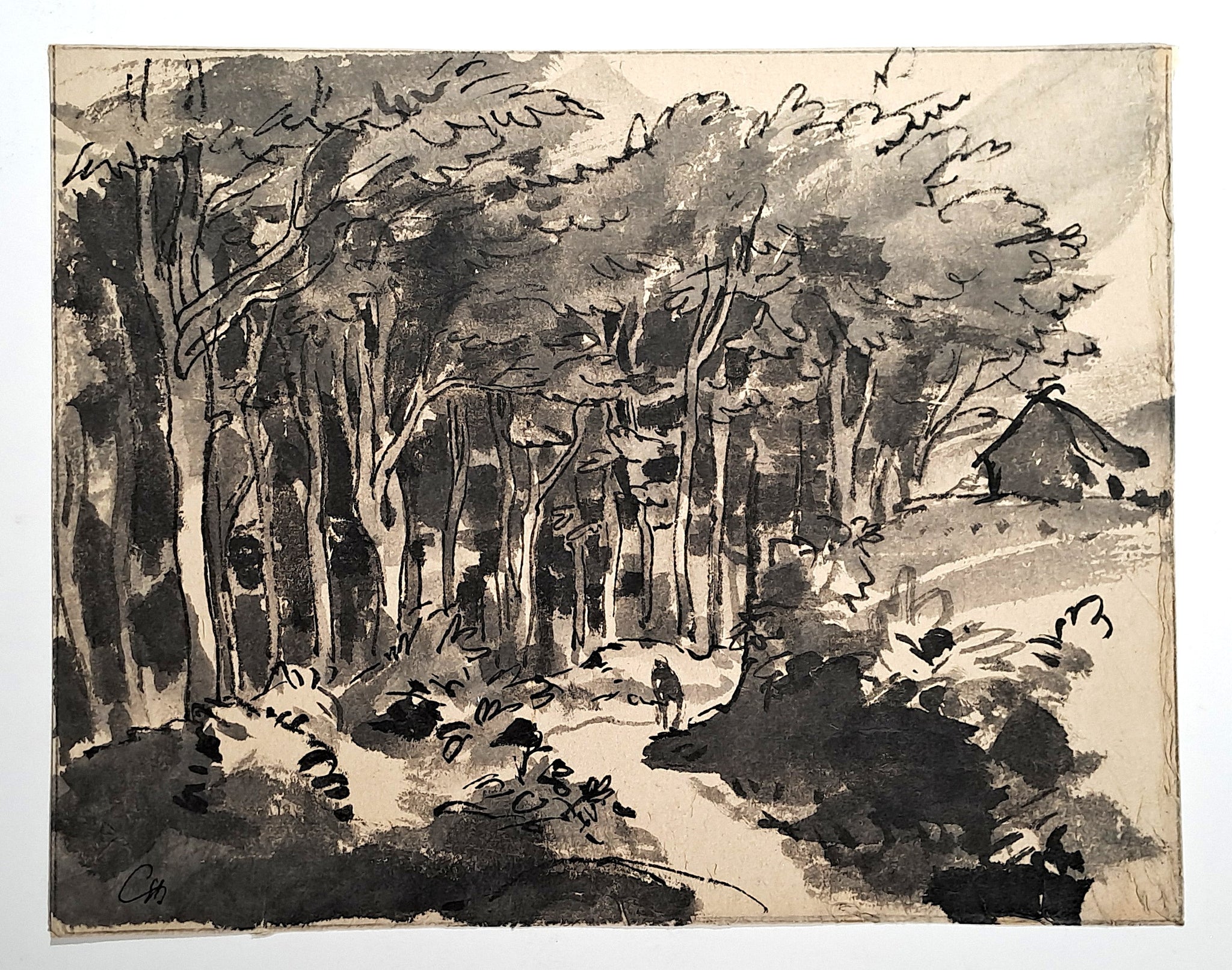 Jules CHADEL [Cabane au bord de la forêt]. Dessin original. 