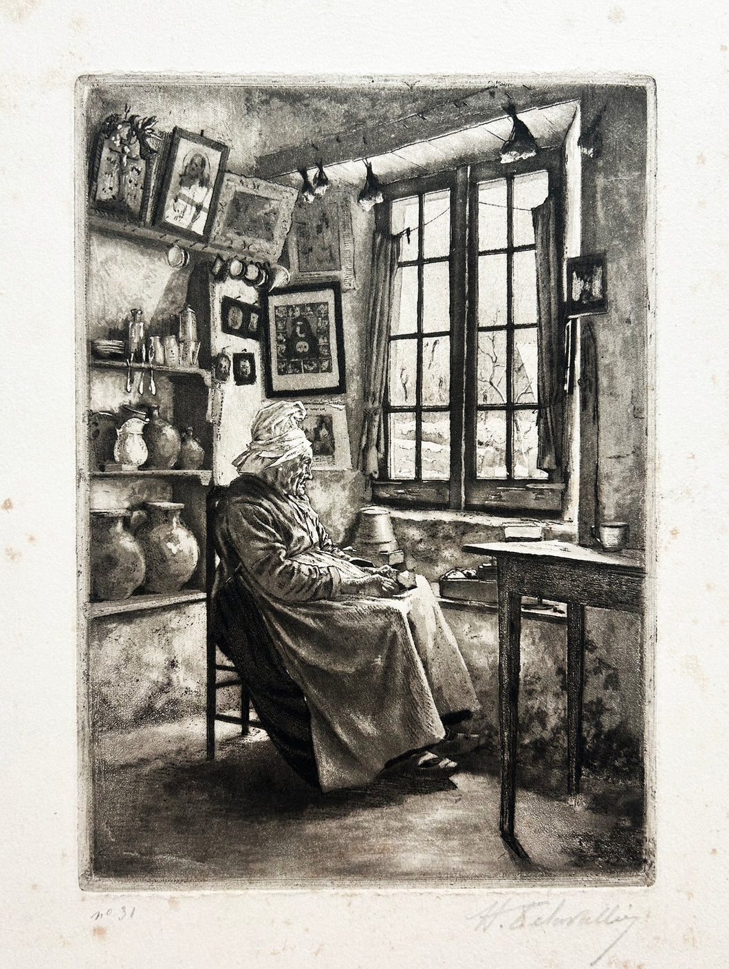 Jules Henri DELAVALLEE - Angélique à la fenêtre.  1890. Gravure originale. 