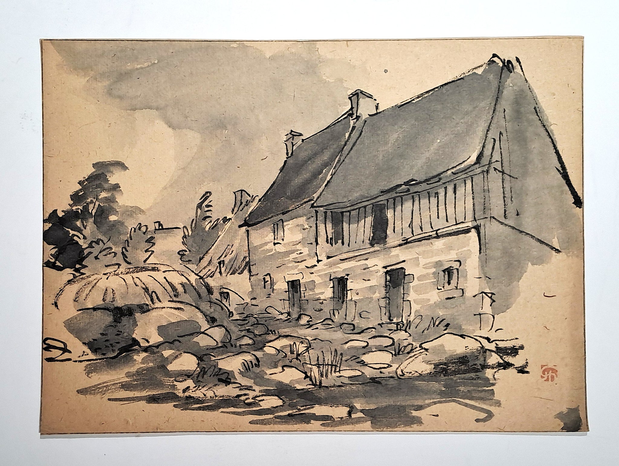 Jules CHADEL [Maison au bord d'un ruisseau]. Dessin original. 