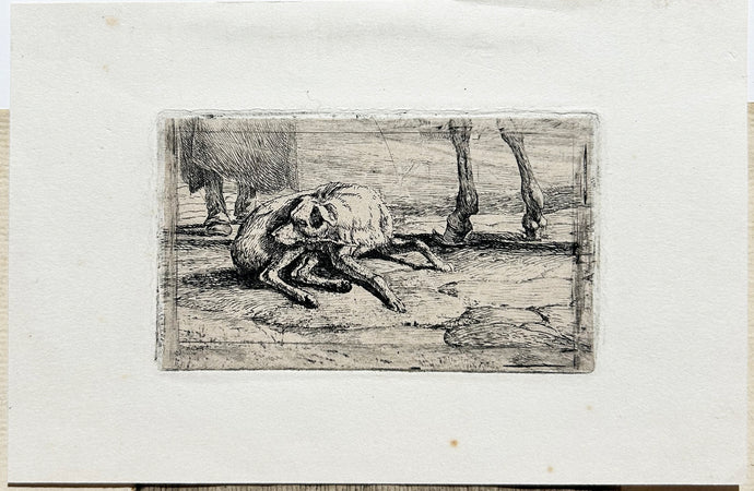 Antoine Jean DUCLAUX - Chien endormi sur des pavés aux pieds d'un homme.  c.1830. Gravure originale. 