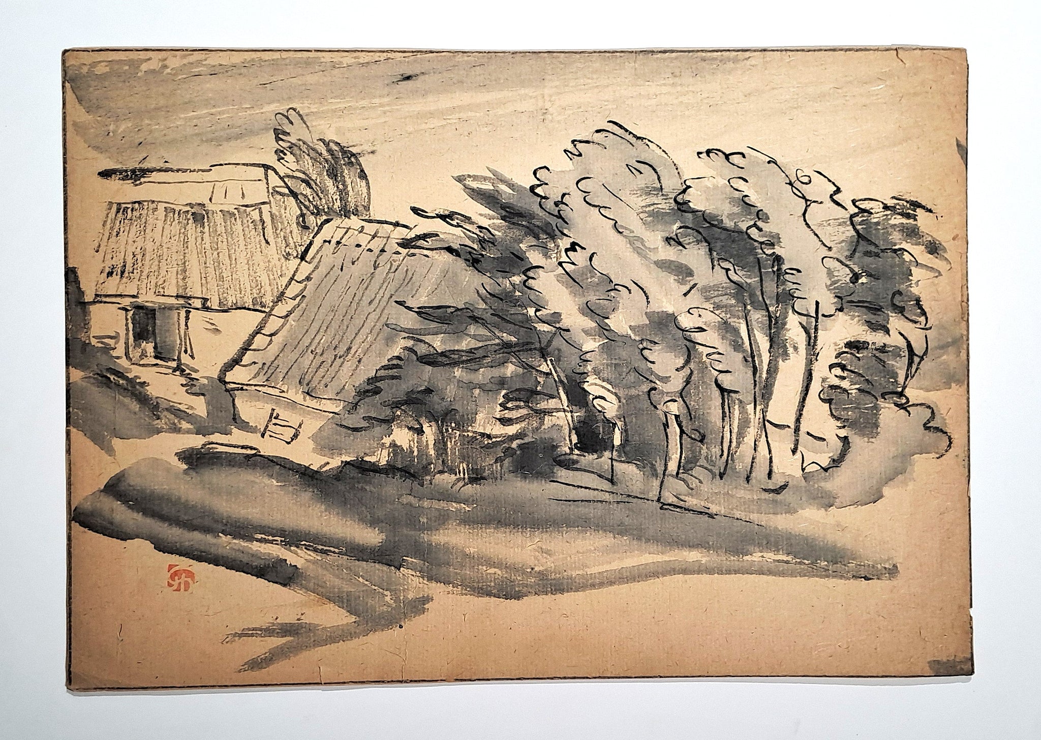 Jules CHADEL [Maisons au bord de la forêt]. Dessin original.