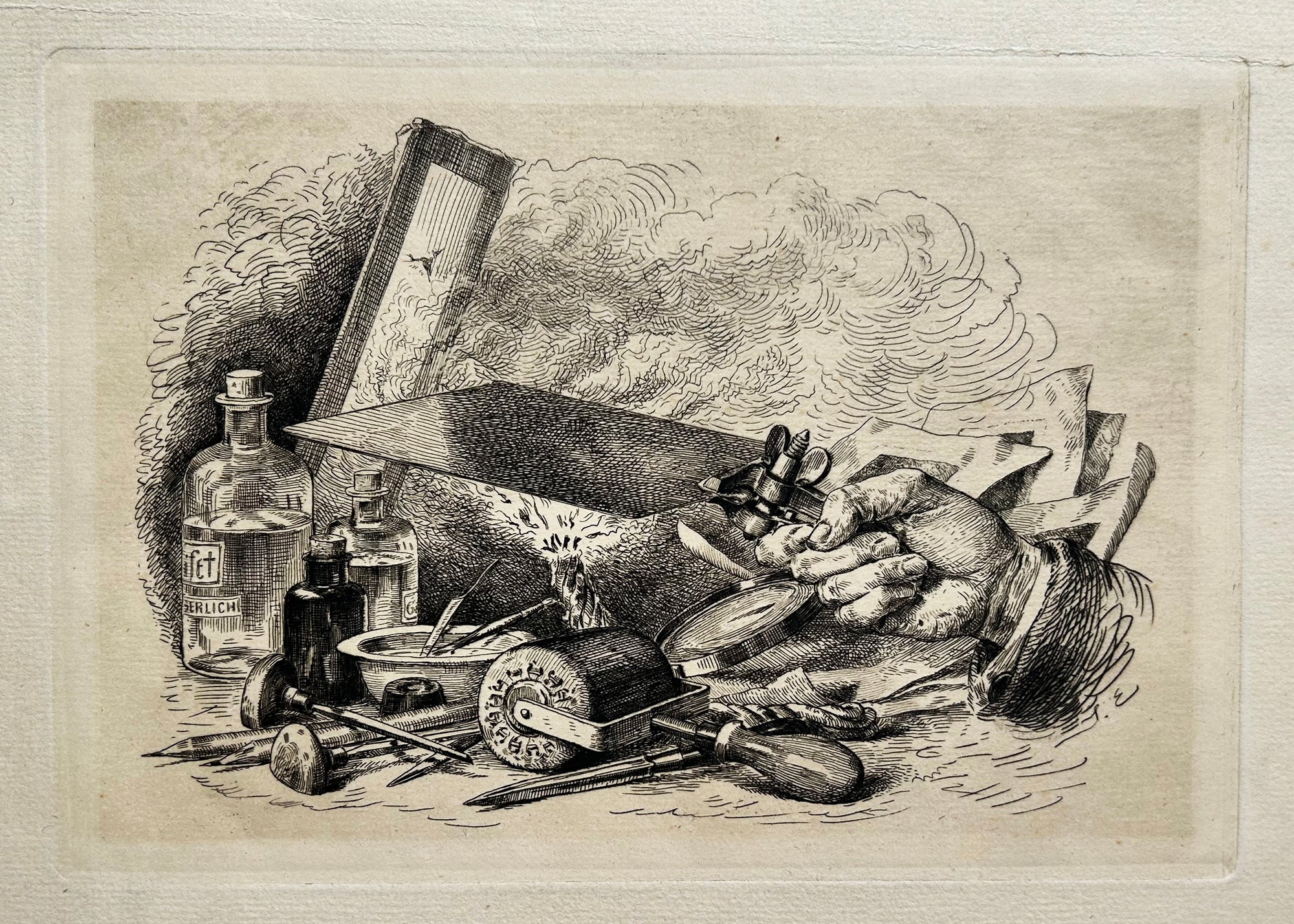 EHRENTRAUT Jules - Les attributs du graveur. Gravure originale. 