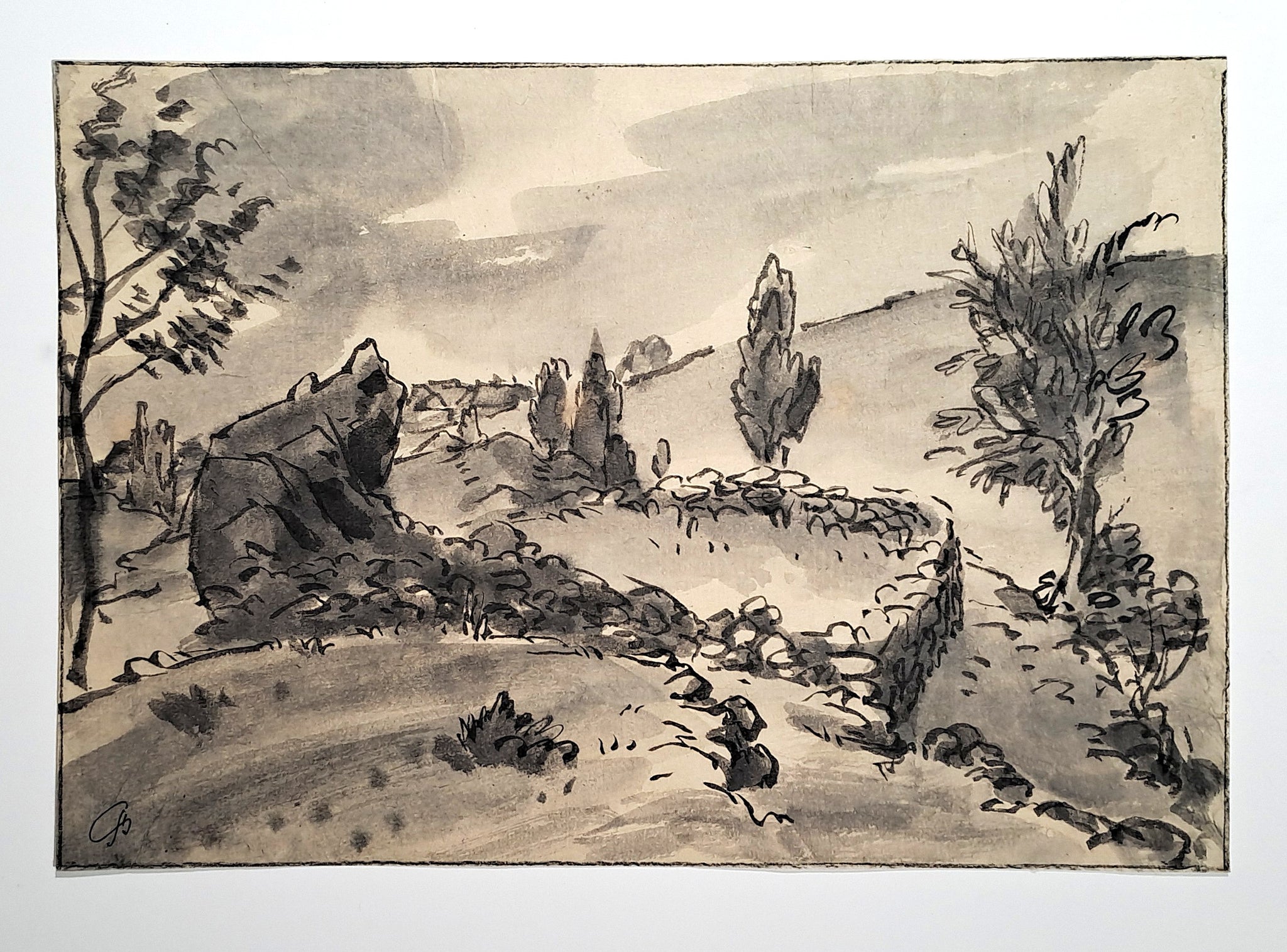 Jules CHADEL [Paysage avec ruines d'une maison]. Dessin original. 