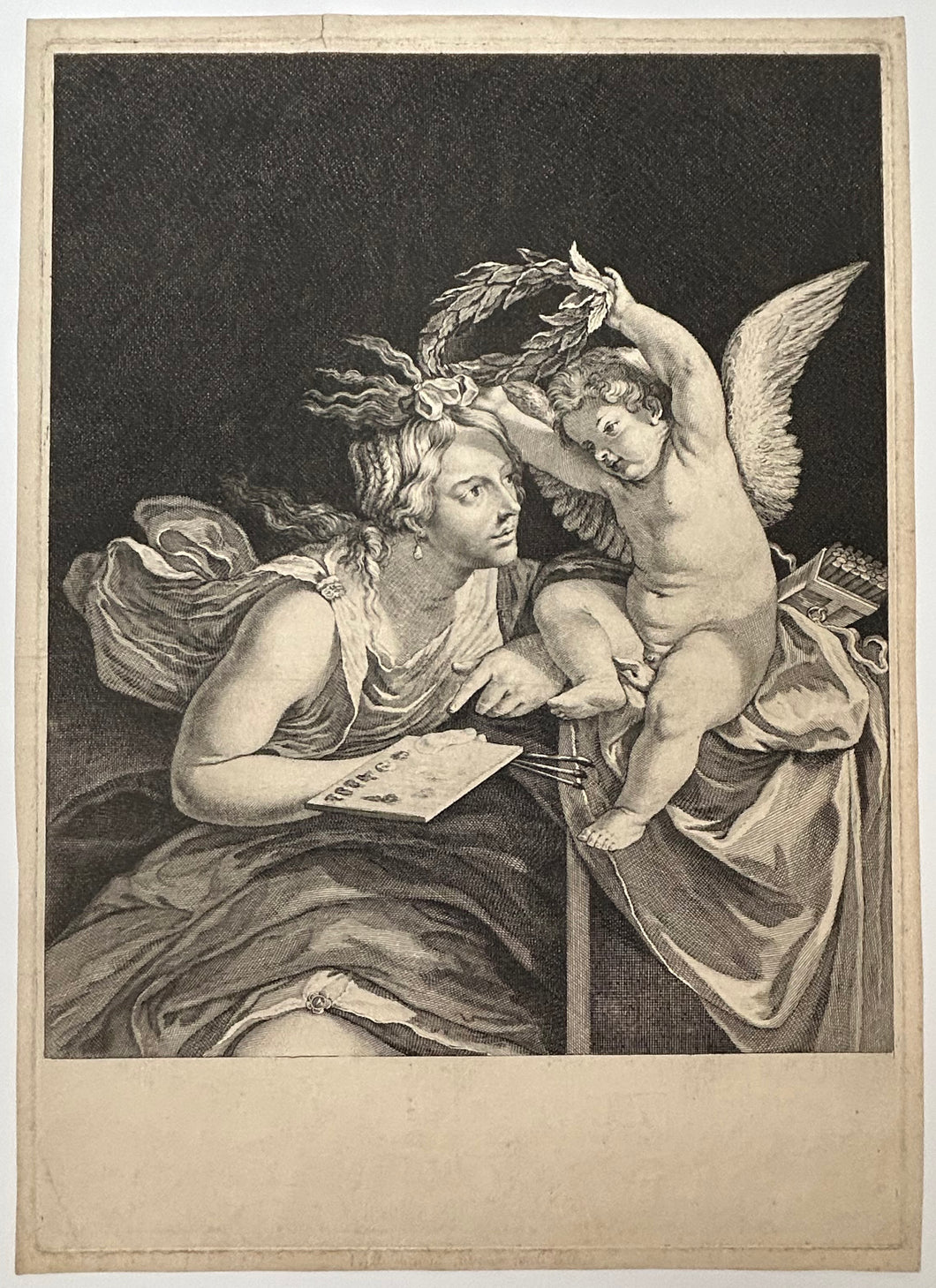 Figure allégorique de la Peinture auréolée par Cupidon.  c.1650.