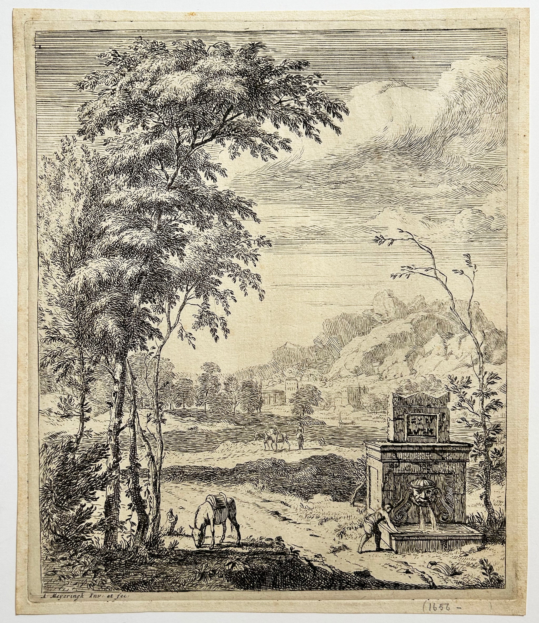 Albert MEYERINGH - La fontaine. 1695. Eau-forte originale.