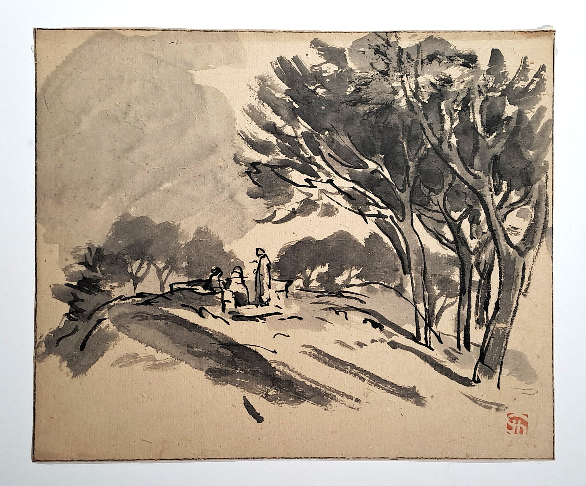 Jules CHADEL [Trois personnages sur une butte entourée par des arbres]. Dessin original. 