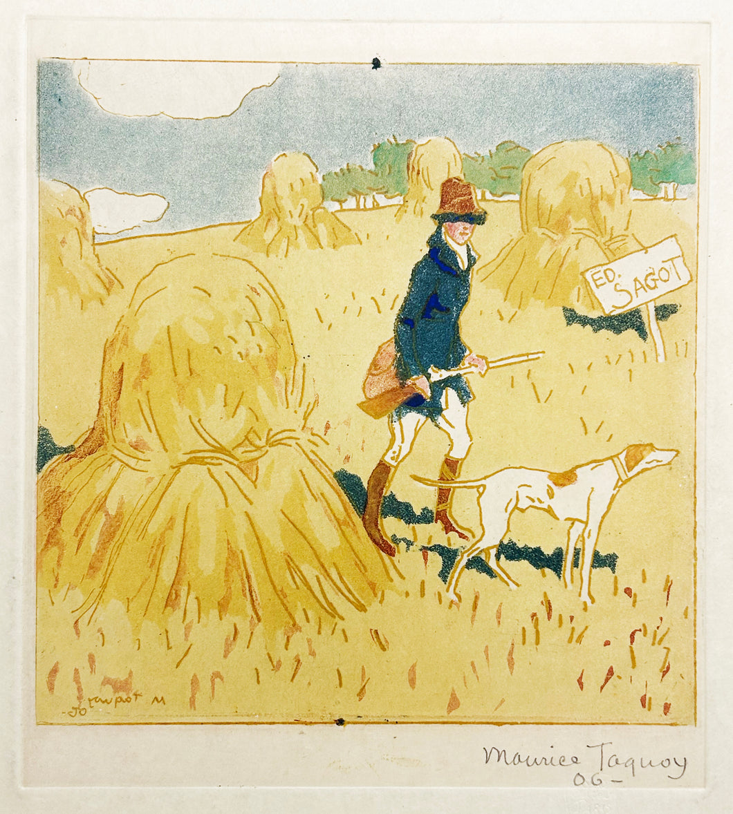 [Chasseur et son chien près des meules].  1906.