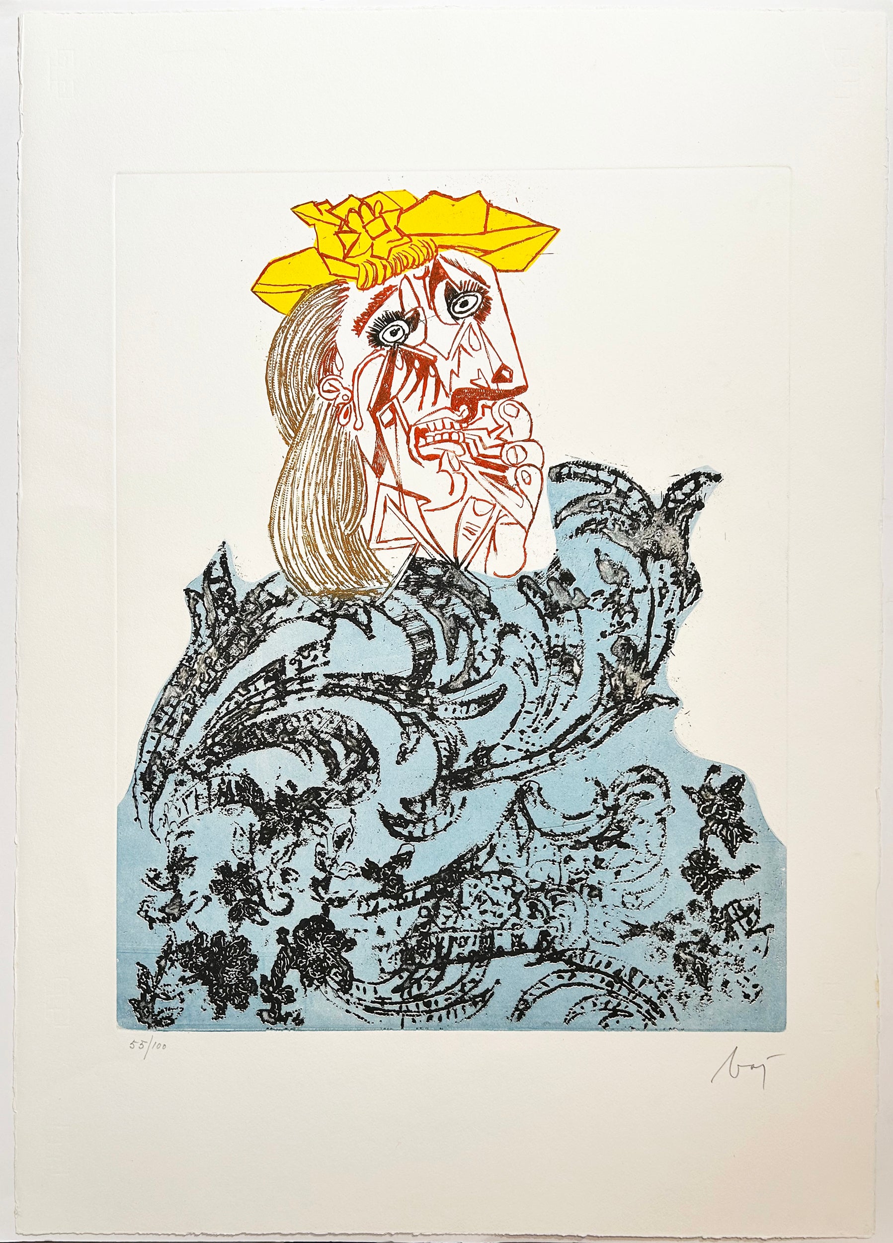 Enrico BAJ - Baj chez Picasso 1 (Femme qui pleure). 1969. Gravure originale en couleurs, signée. 