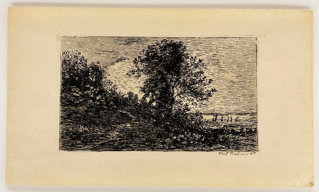 Bosquet côtier avec voiliers au loin. 1879.