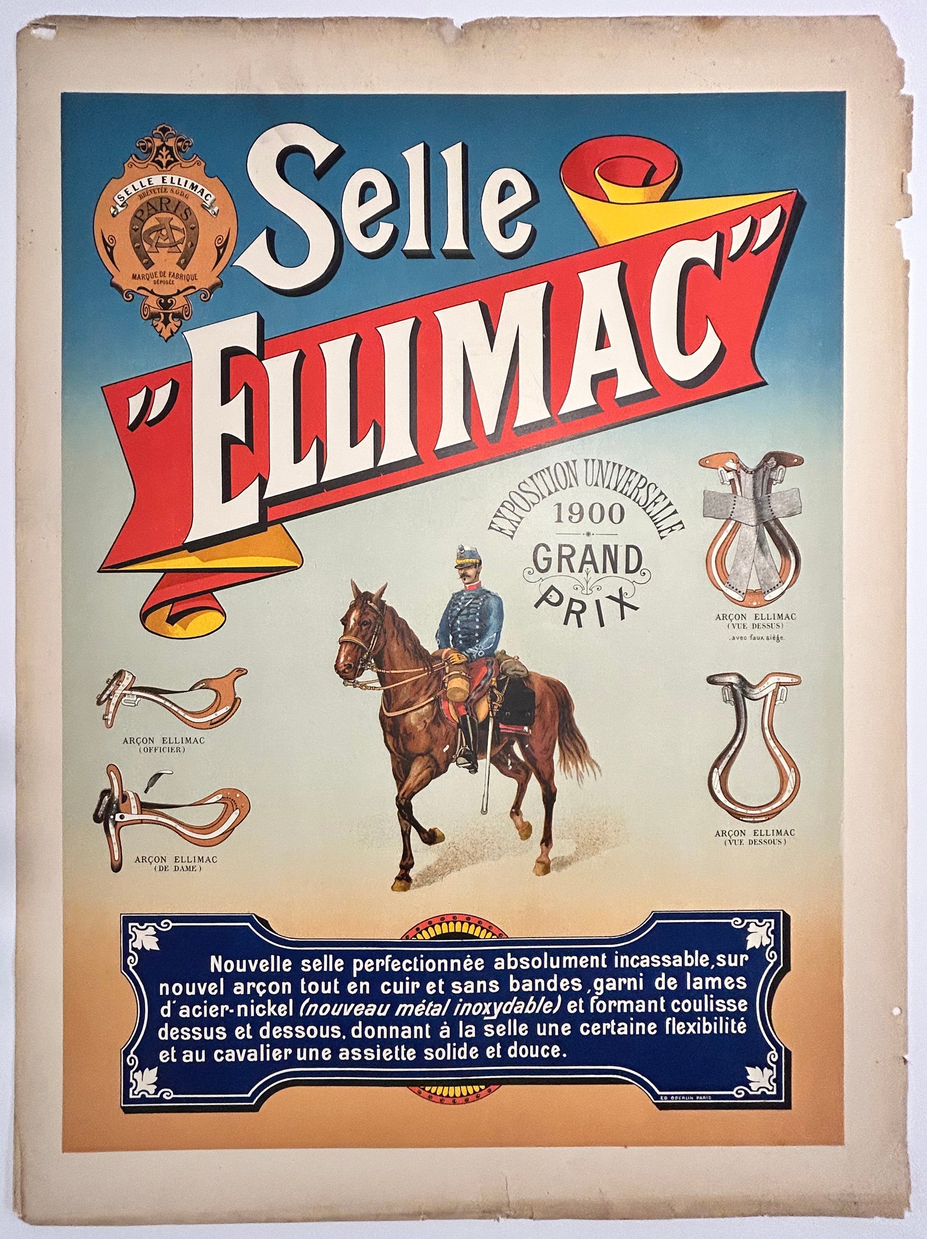 Affiche publicitaire pour les Selles Ellimac à l'occasion de l'Exposition Universelle de 1900. Lithographie imprimée en couleurs