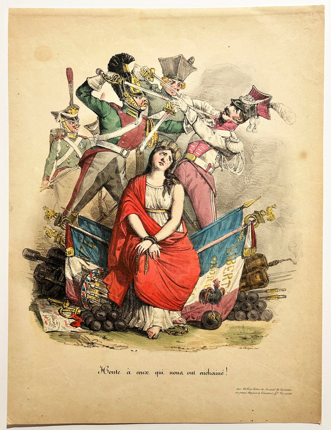 D'après Charles PHILIPON - Honte à ceux qui nous ont enchaîné! Lithographie en coloris ancien. 