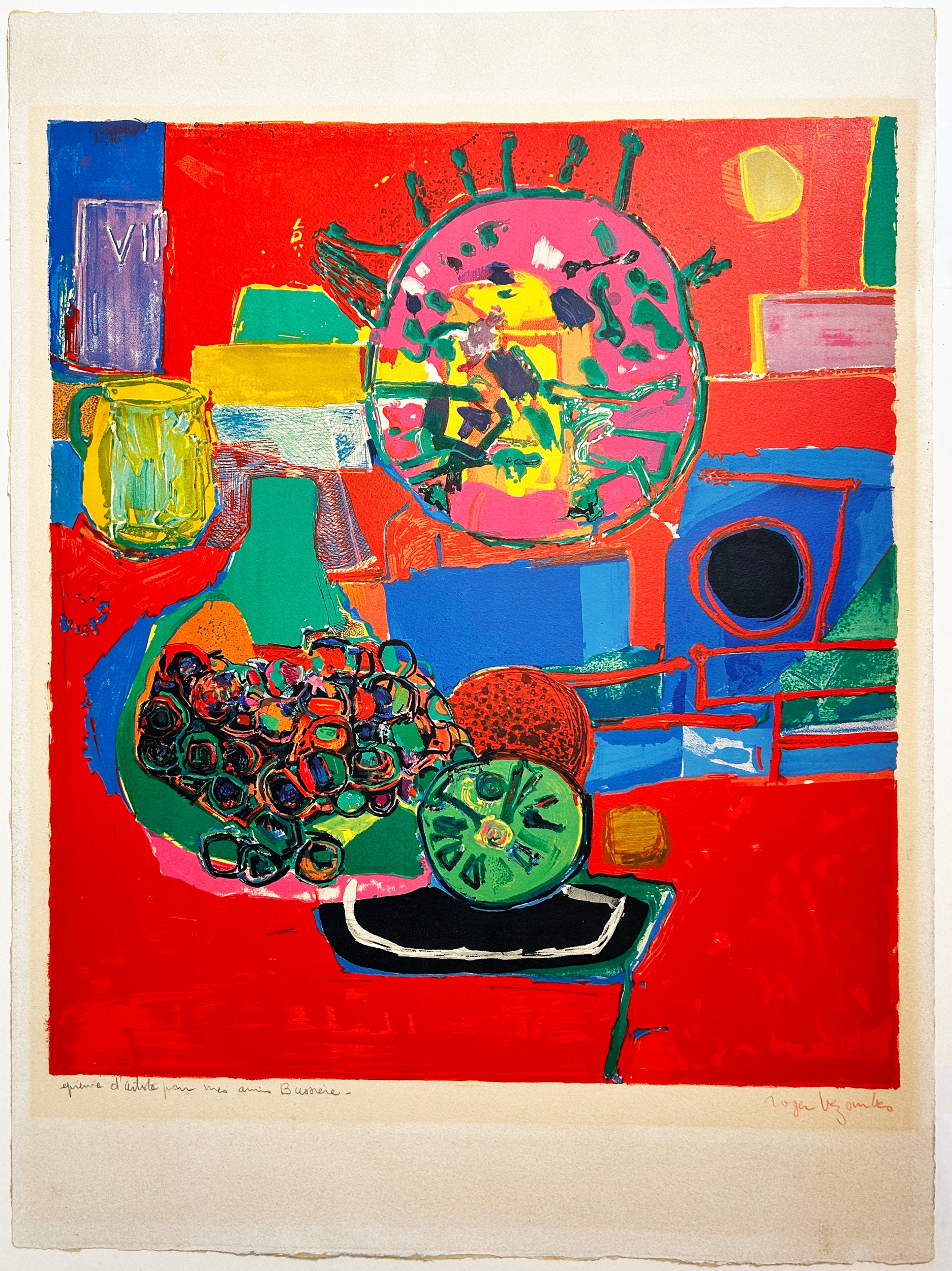 Roger BEZOMBES - [Nature morte].  c.1965. Lithographie en couleurs, signée.