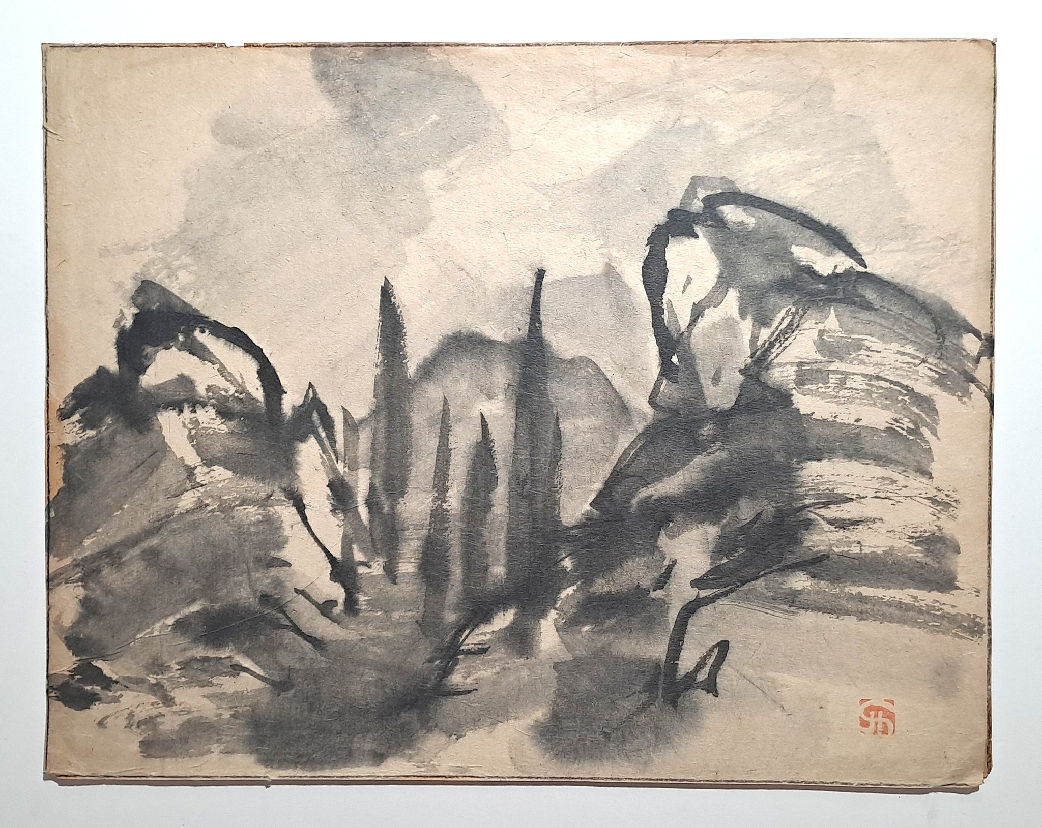 Jules CHADEL [Paysage avec rochers et cyprès]. Dessin original. 