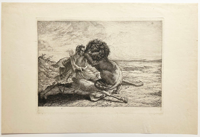 RELIN Pierre Napoléon Eugène - L'attaque du lion. EAu-forte. 