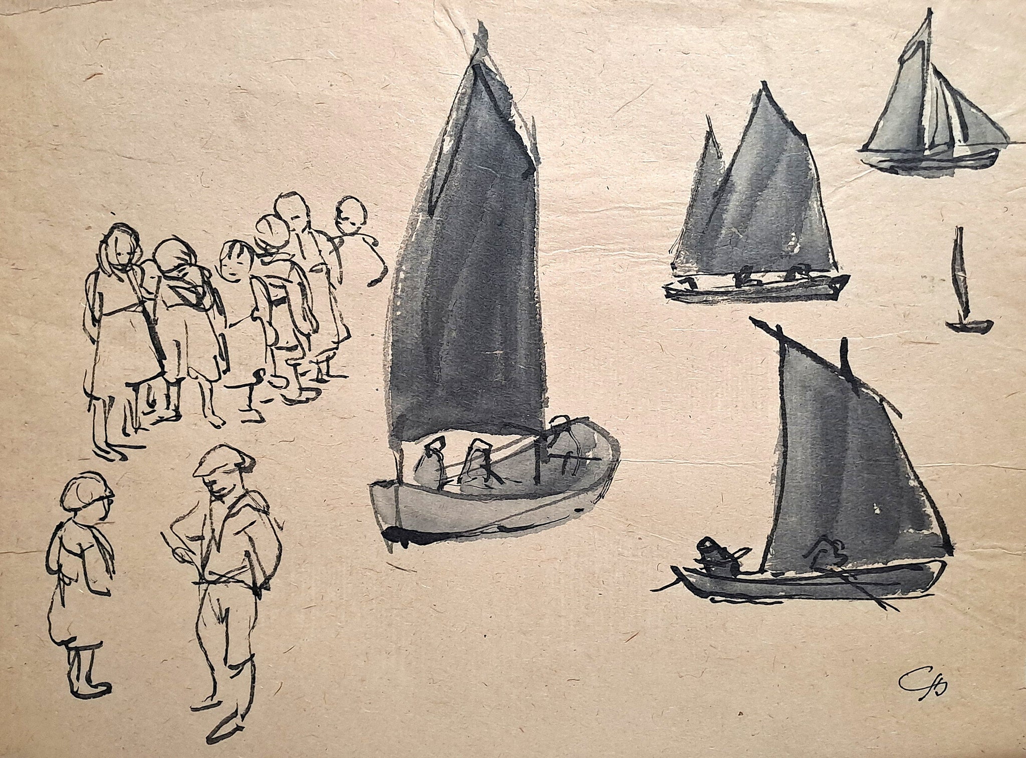 Jules CHADEL [Etudes de bateaux et d'enfants]. Dessin original. 