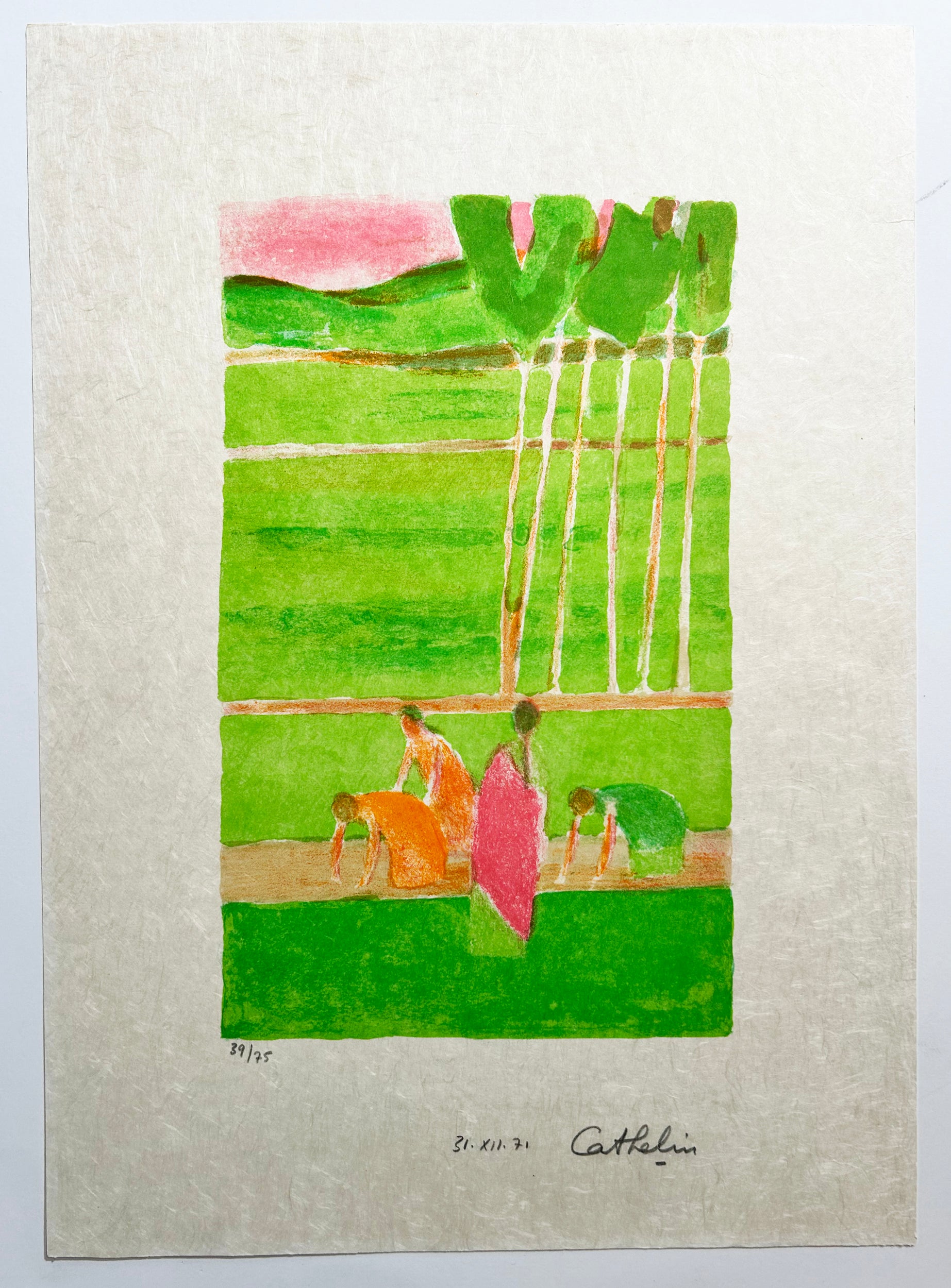 Bernard CATHELIN - Rizières de Ceylan.  1971. Lithographie en couleurs, signée. 
