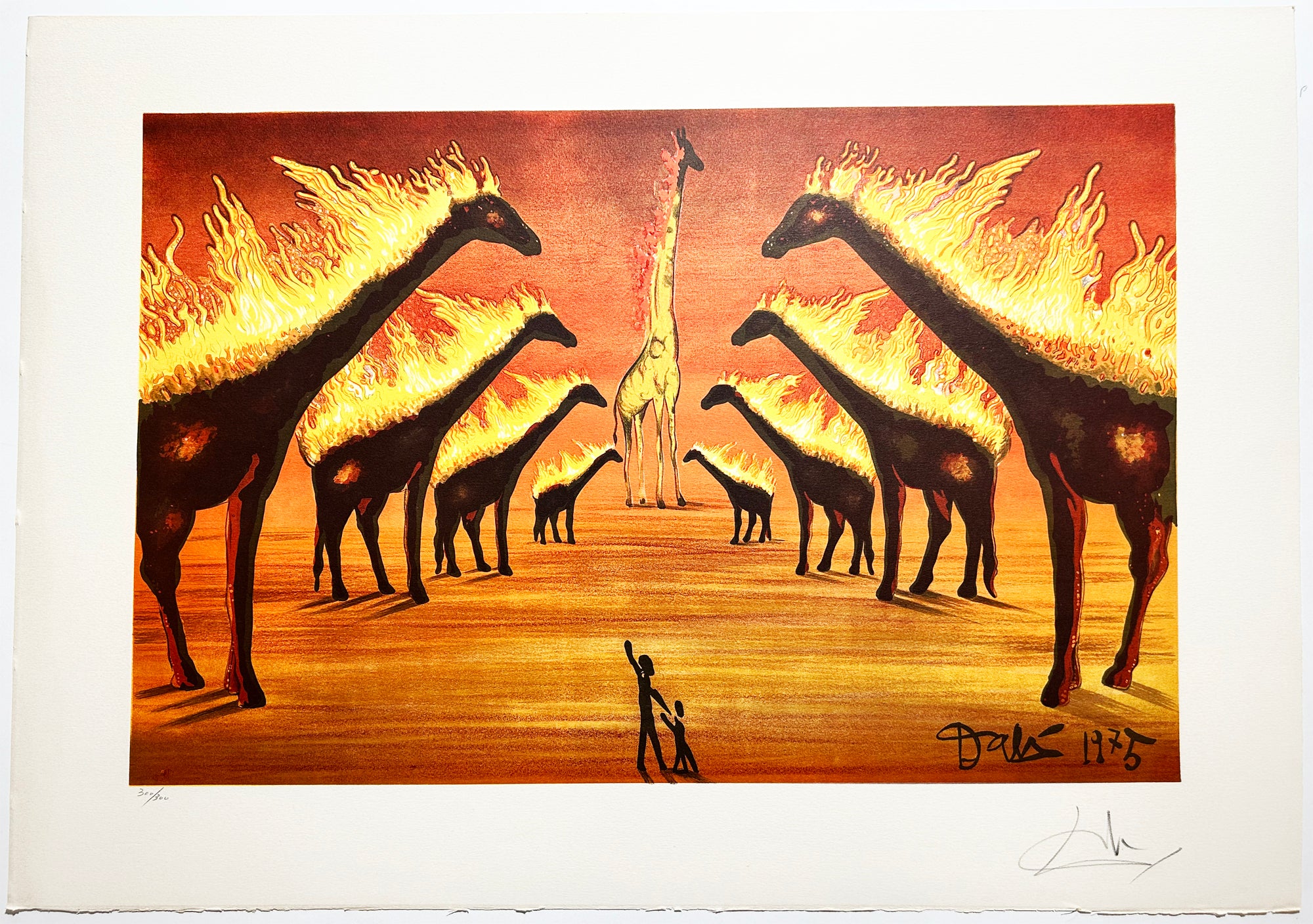 Salvador DALI - Les girafes en feu.  1975. Lithographie en couleurs, signée. 