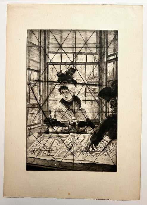 James TISSOT - Histoire ennuyeuse ou Le cartographe.  1878. Gravure originale. 