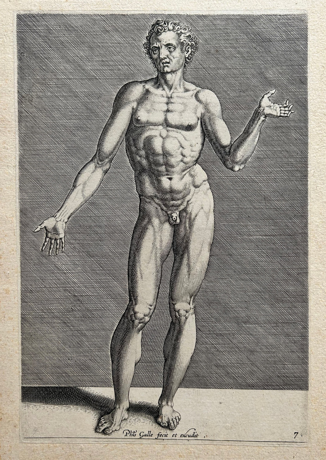 Philippe GALLE - Nu masculin de face.  1589. Burin. 