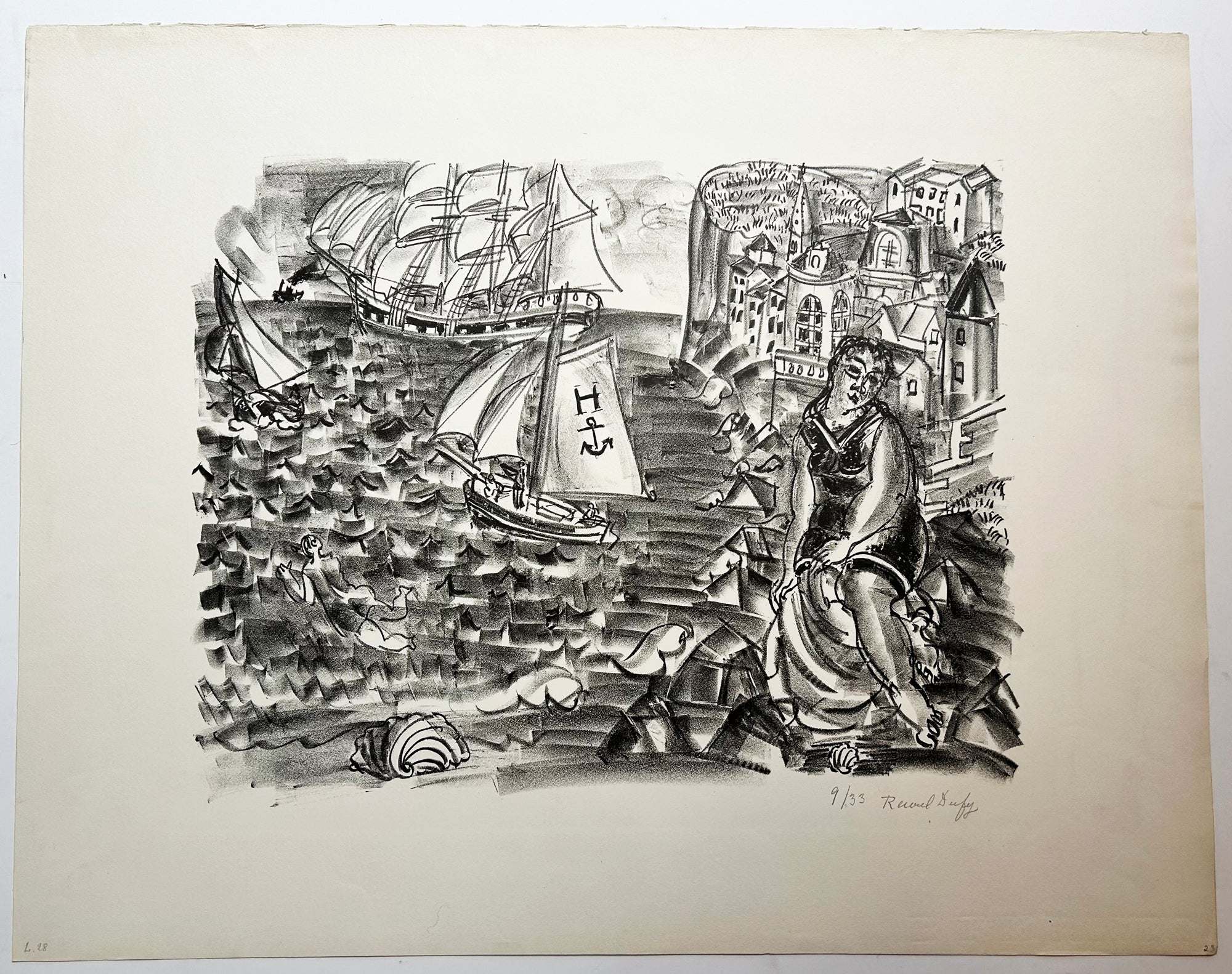 Raoul DUFY - Baigneuse devant le port de Sainte-Adresse.  1925. Lithographie signée. 