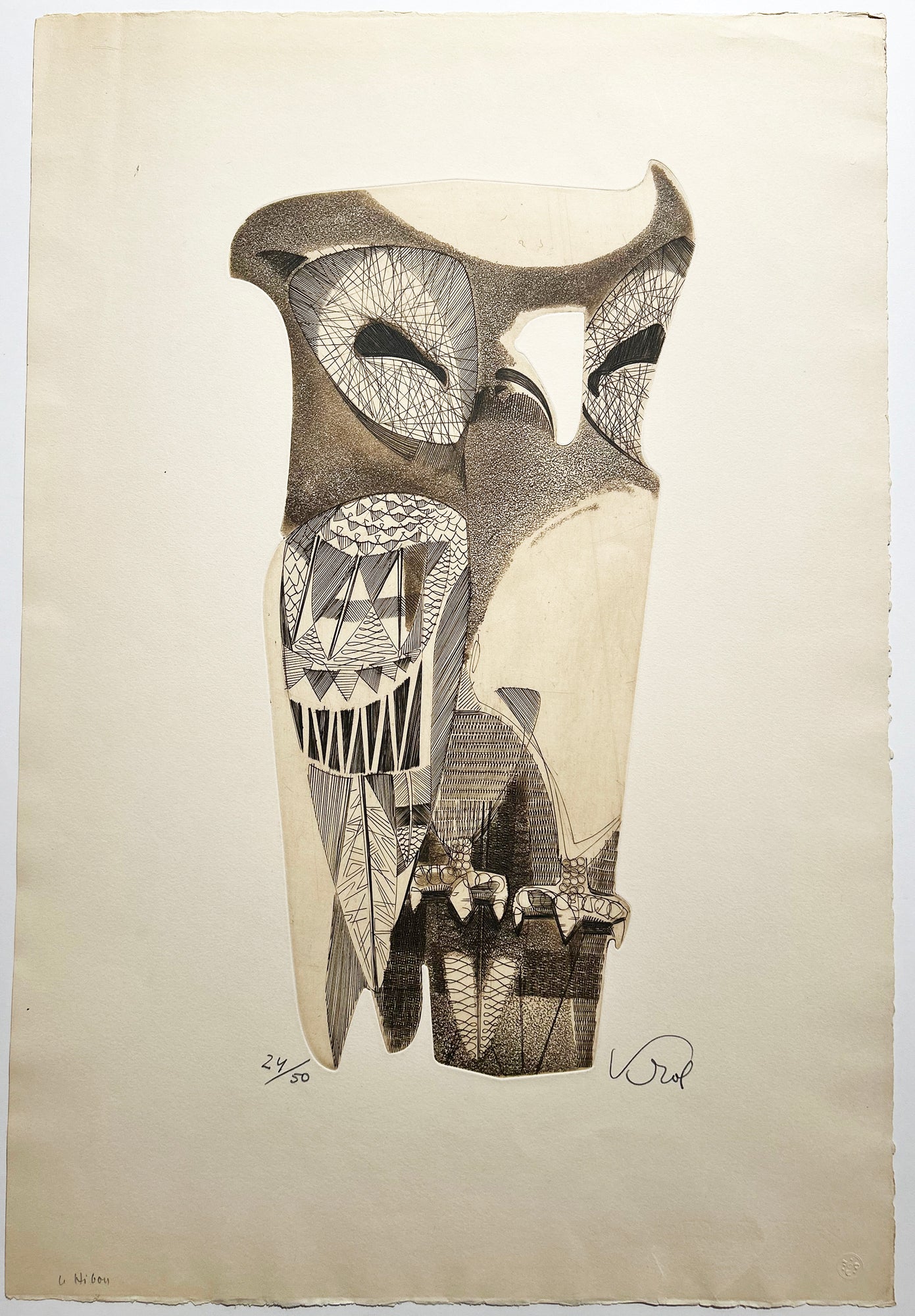 Abraham KROL - Le hibou.  1955. Gravure originale, signée. 
