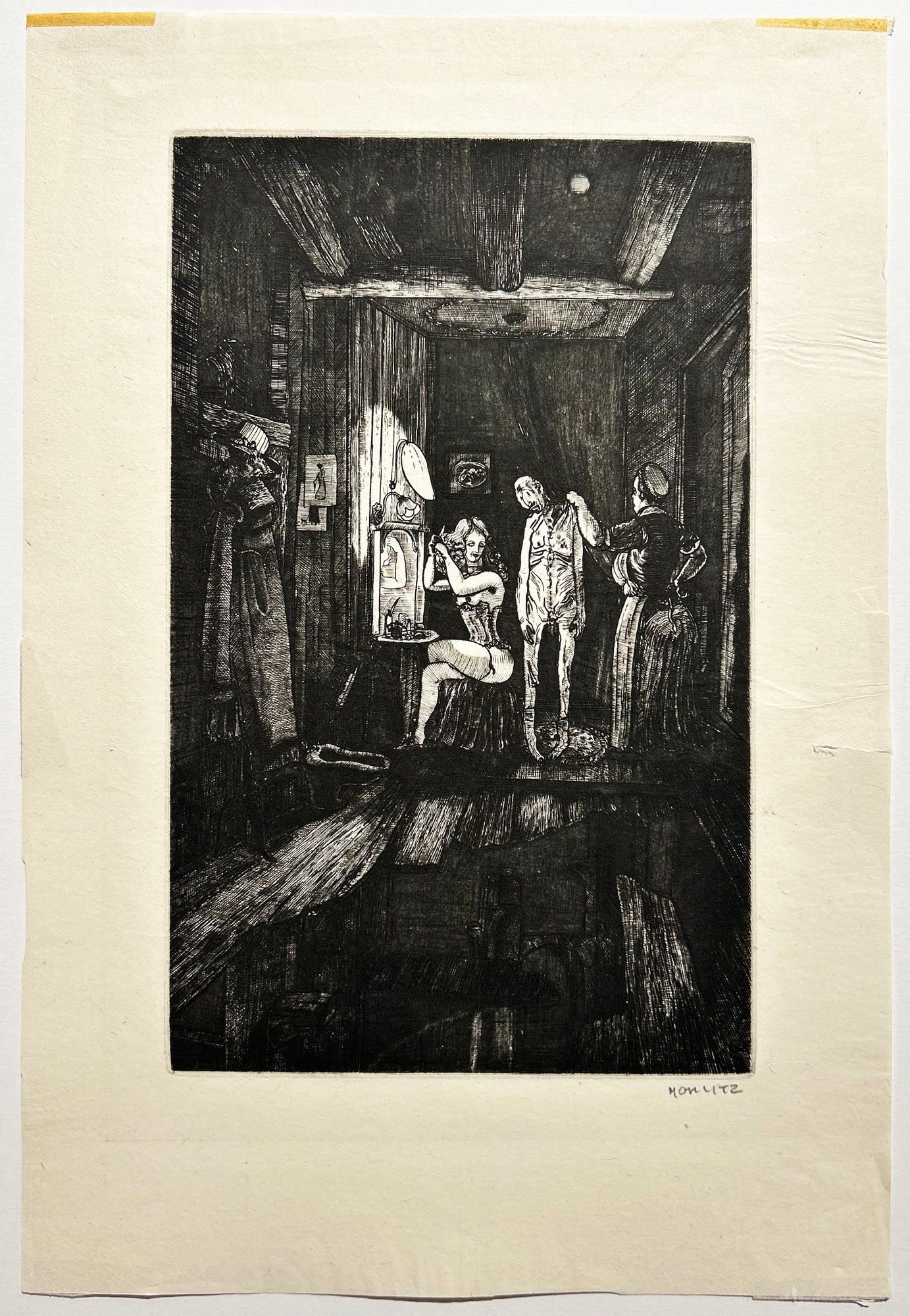 Philippe MOHLITZ - [Intérieur, jeune femme se préparant]. Gravure originale, signée. 