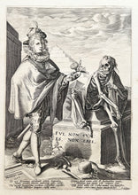 Charger l&#39;image dans la galerie, D&#39;après Heinrich GOLTZIUS - La Mort assise sur une tombe près d&#39;un jeune homme tenant une fleur. Memento Mori.  1592. Burin gravé par Jan Pietersz Saenredam .
