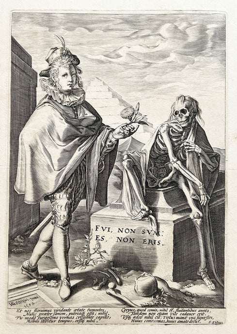 D'après Heinrich GOLTZIUS - La Mort assise sur une tombe près d'un jeune homme tenant une fleur. Memento Mori.  1592. Burin gravé par Jan Pietersz Saenredam .