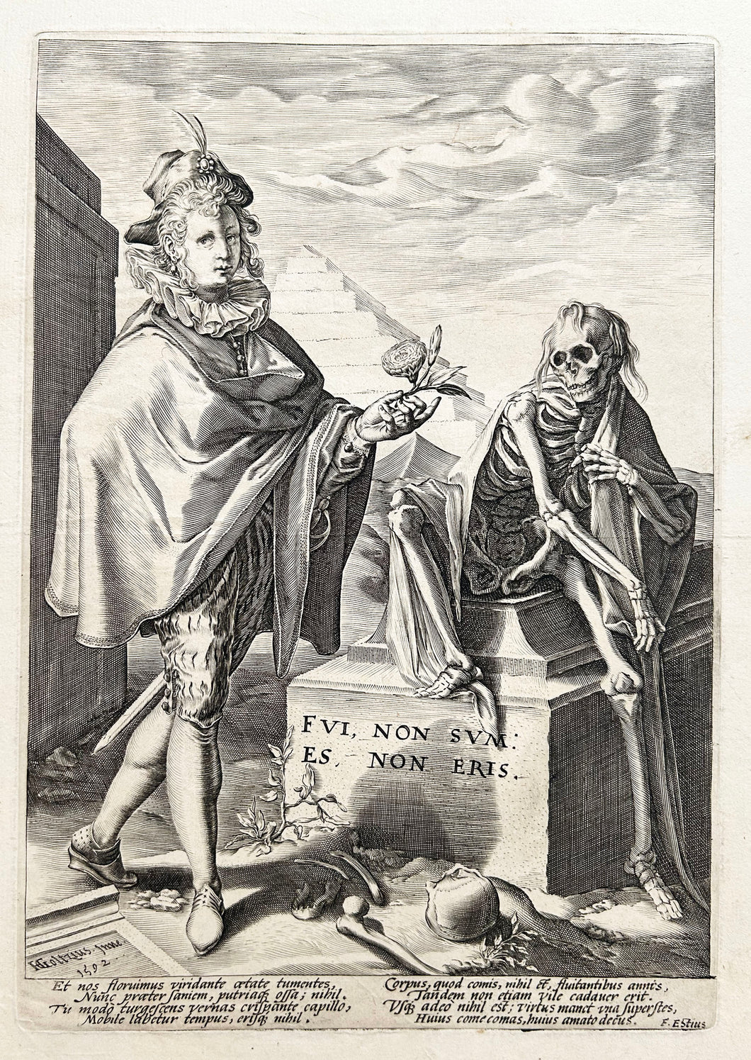 D'après Heinrich GOLTZIUS - La Mort assise sur une tombe près d'un jeune homme tenant une fleur. Memento Mori.  1592. Burin gravé par Jan Pietersz Saenredam .