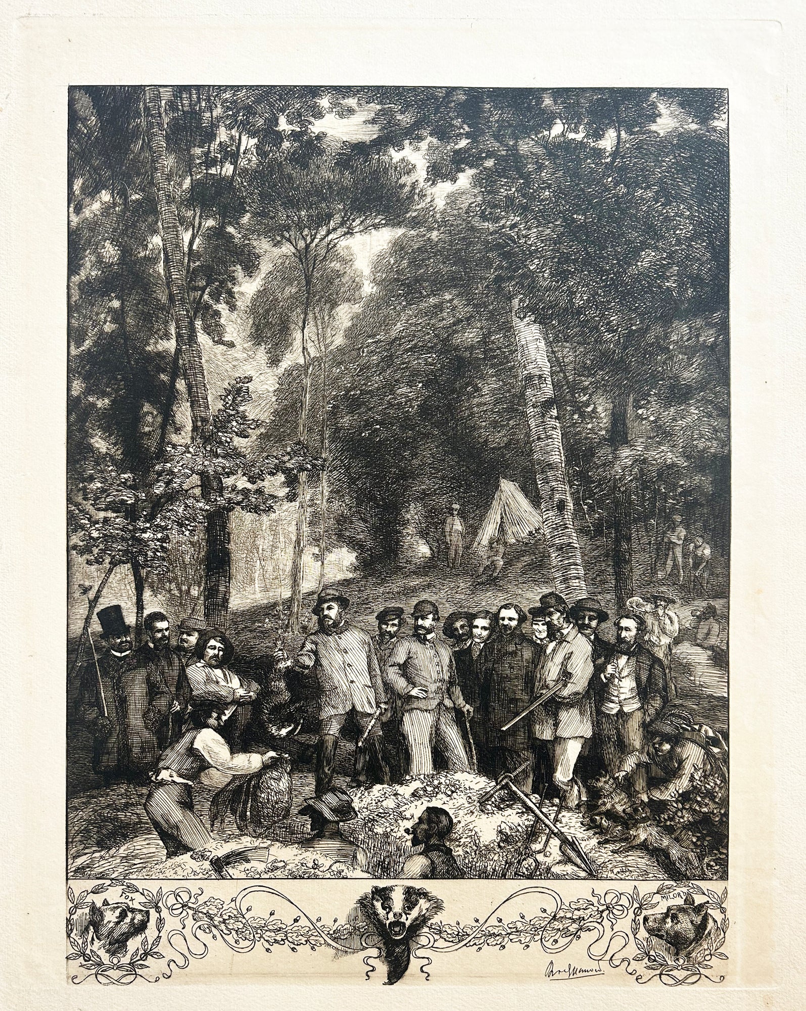 Félix BRACQUEMOND - Un déterrage de blaireau. 1863. Eau-forte originale. 
