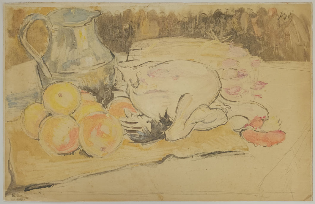 [Nature morte au coq et aux pommes].