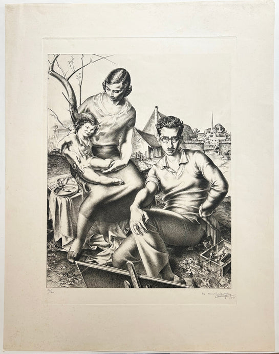 Paul LEMAGNY La famille du peintre (autoportrait). Gravure originale signée. 