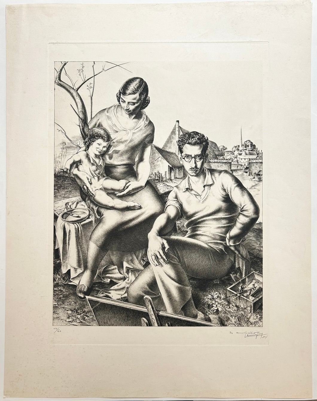 Paul LEMAGNY La famille du peintre (autoportrait). Gravure originale signée. 