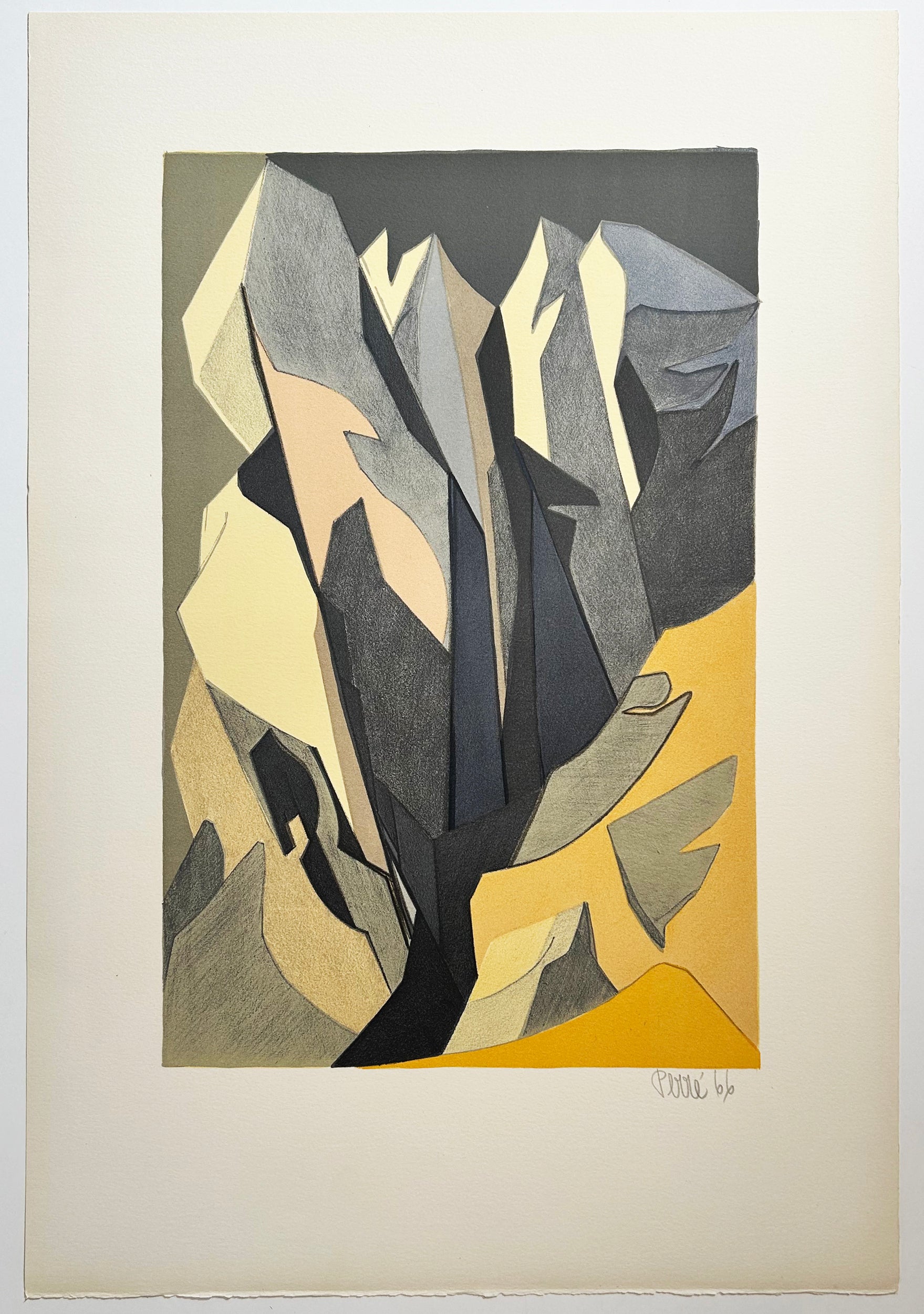 Danièle PERRE - [Les rochers en jaune]. 1966. Lithographie en couleurs, signée. 