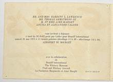 Charger l&#39;image dans la galerie, Sandy’s Air Party 1975. Carton d&#39;invitation au déjeuner à bord du DC-8-62 peint par Calder pour Braniff International, le samedi 31 mai 1975 à 11 heures précises à l&#39;Aéroport du Bourget. Décollage à 11h30 et atterrissage à 14h30.
