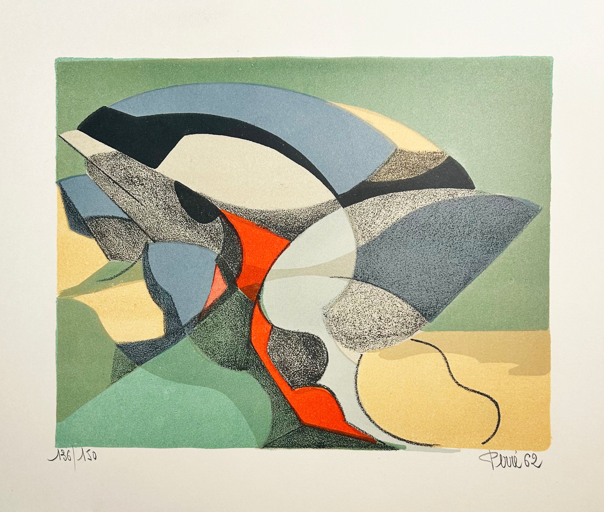 Danièle PERRE- [Composition abstraite].  1962. Lithographie en couleurs, signée. 