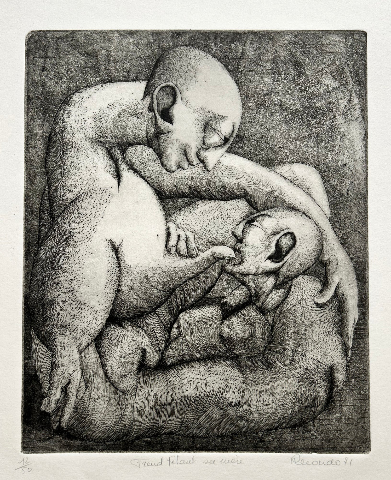 Félix de RECONDO - Freud têtant sa mère. 1971. Gravure originale, signée. 