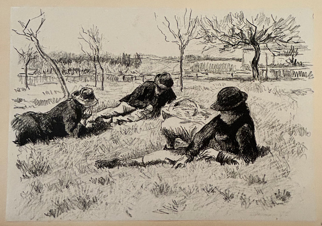 Partie de campagne (trois personnages au jardin, Éragny).  c.1895.