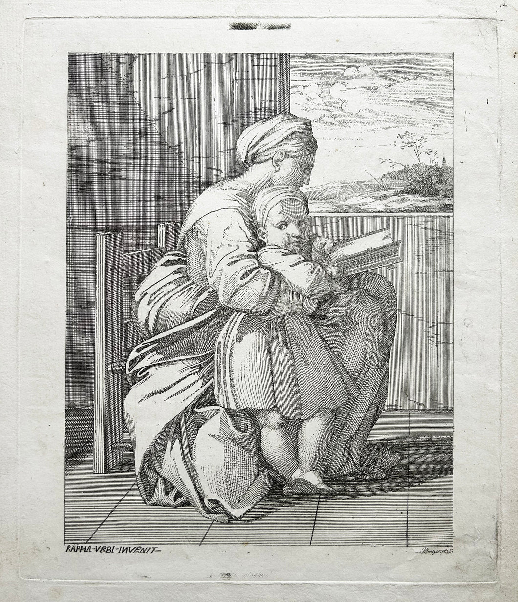 BERGERET La Vierge et l'Enfant au livre. Gravure.