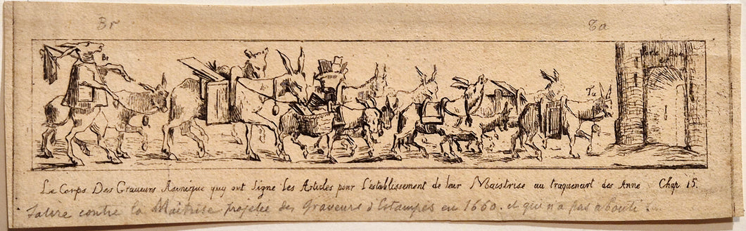 Le corps des graveurs Asniques qui ont signé les articles pour l'establissement de leurs Maîtrise au traquenart fes annes. 1859. Eau-forte. 