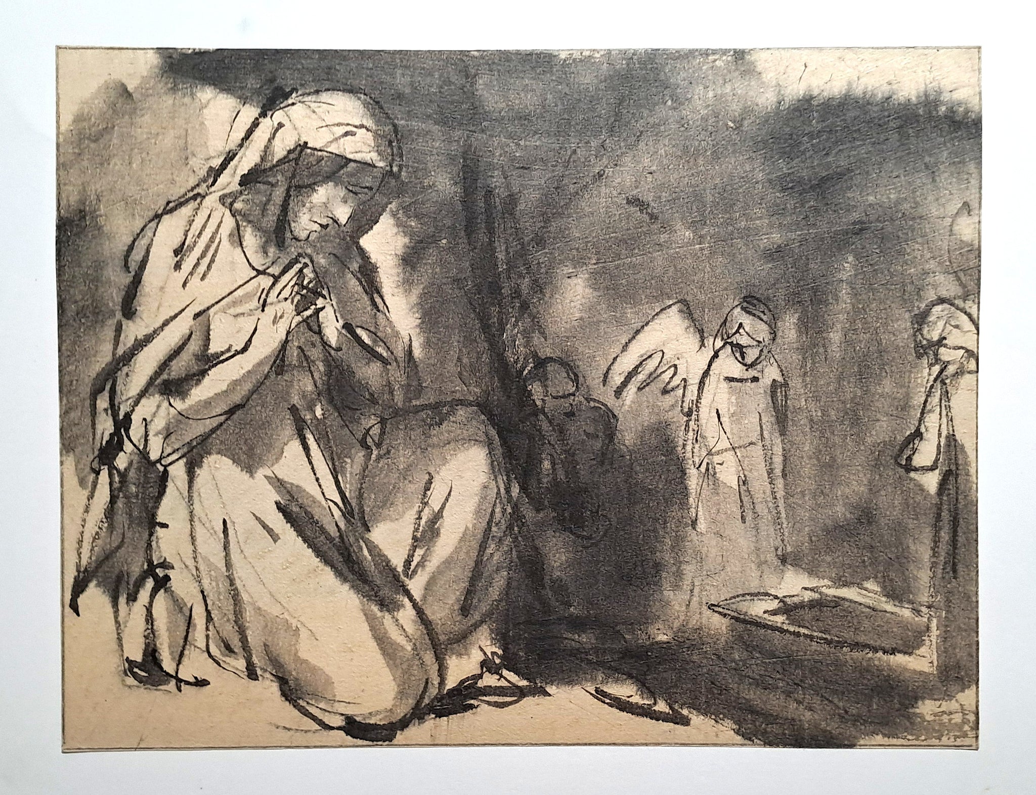 Jules CHADEL [Anges et Sainte Femme au tombeau vide du Christ]. Dessin original. 