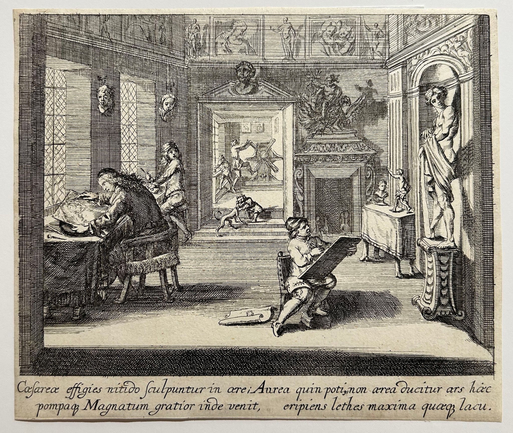 Matthäus KÜSEL - [L'atelier d'un graveur].  1680. Eau-forte d'après Romeyn de Hooghe.